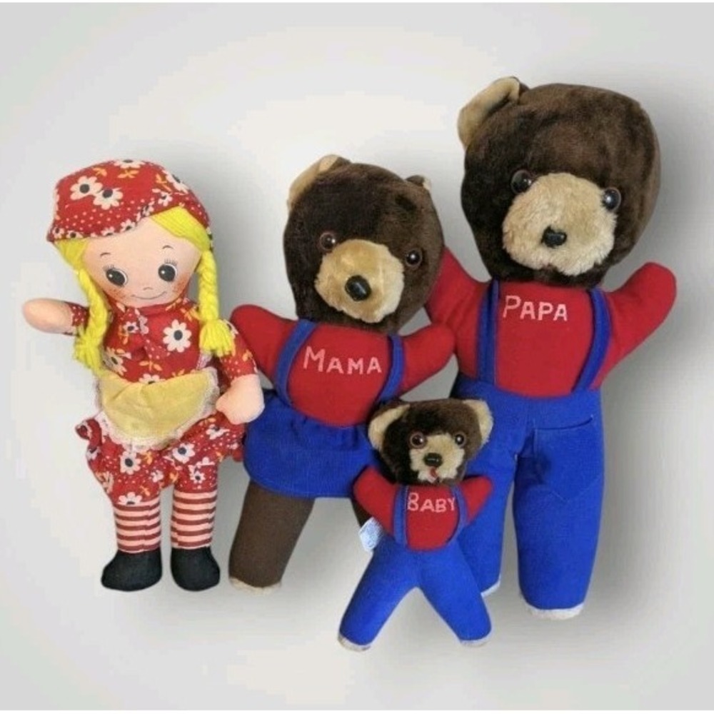 Elka Goldilocks & 3 Bears Plush Papa Mama Baby Prize Stuffed Animals Toys Vtg